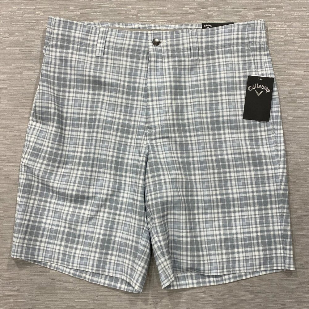 Callaway Golf Shorts Mens 34 White Gray Plaid Comfort Waistband 9" Inseam UPF 50